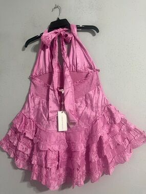 NWTLoveShackFancy Quintile Dress Tulip Pink Ruffled Halter back Mini Dress
